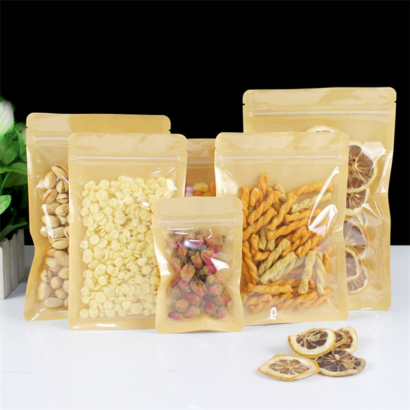 Food Or Snacks - Braune, einseitig durchsichtige, wiederverschließbare Kunststoff-Fenster-Kraftpapier-Beutel mit